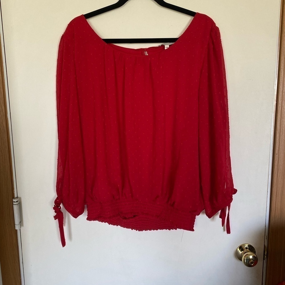 Blousology 2X Red Tie Sleeve blouse